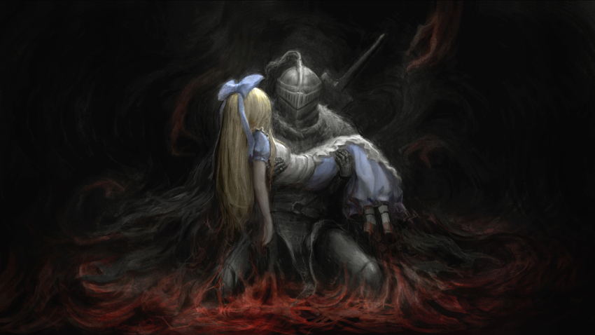 1boy 1girl alice_(black_souls) apron black_souls blonde_hair blue_bow blue_dress bow dress frilled_apron frills grimm_(black_souls) hair_bow highres long_hair puffy_short_sleeves puffy_sleeves short_sleeves smoke very_long_hair white_apron xumi