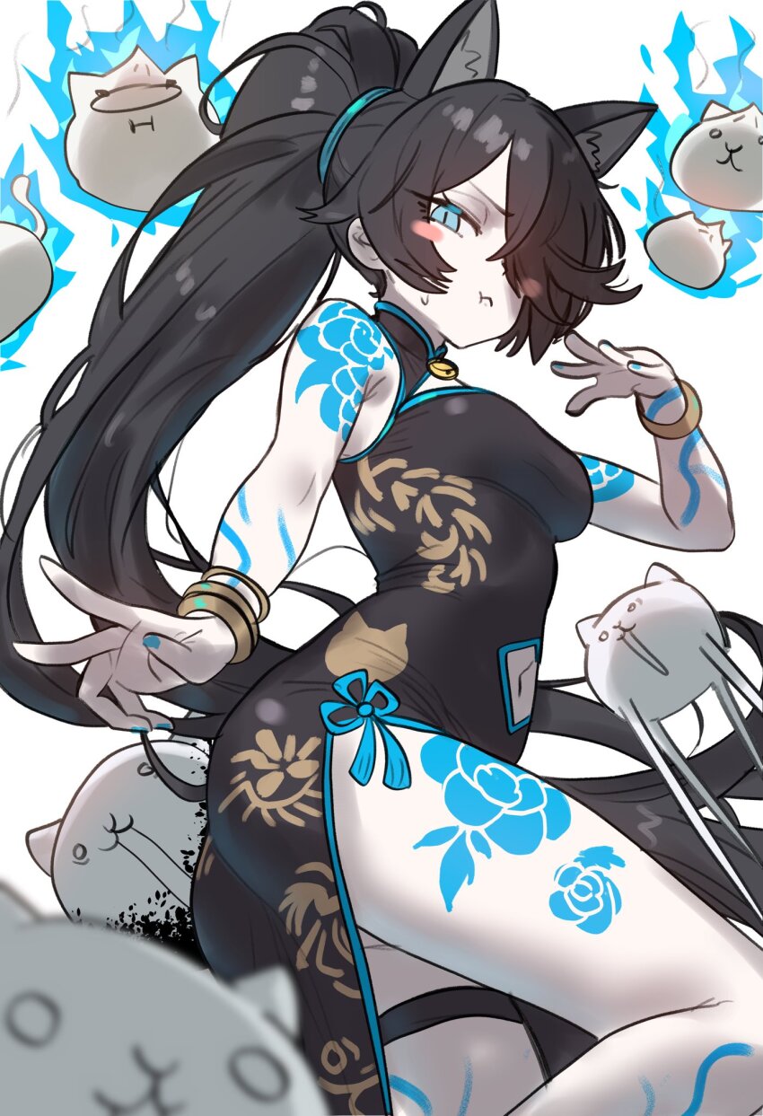 1girl alternate_costume animal_ear_fluff animal_ears black_dress black_hair blue_eyes blue_nails blush body_markings breasts cat_(nyanko_daisensou) cat_ears china_dress chinese_clothes cleavage_cutout closed_mouth clothing_cutout dark_kasli_(nyanko_daisensou) dress ebora fighting_stance hair_over_one_eye hair_tie highres long_hair looking_at_viewer markings medium_breasts navel navel_cutout nyanko_daisensou pale_skin pelvic_curtain ponytail print_dress side_slit simple_background sleeveless sleeveless_dress solo tassel very_long_hair white_background