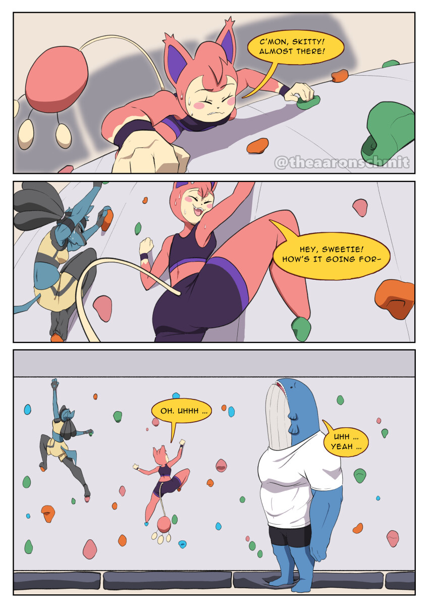 1boy 2girls aaron_schmit absurdres ass breasts climbing closed_eyes english_text gen_3_pokemon gen_4_pokemon giant highres legs looking_down looking_up lucario medium_breasts multiple_girls muscular muscular_male nintendo pokemon shorts skitty speech_bubble sportswear sweat tail tall_male thighs wailord