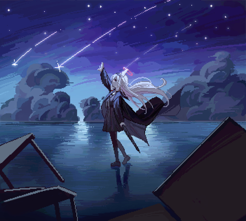 1girl absurdres arm_up black_coat black_pantyhose black_shirt black_shoes black_skirt blue_archive cloud coat commentary_request floating_hair gun halo highres holding holding_gun holding_weapon long_hair long_sleeves multicolored_hair night night_sky open_clothes open_coat outdoors pantyhose pink_hair pixel_art plana_(blue_archive) pleated_skirt profile school_uniform shirt shoes shooting_star skirt sky soeyumi solo standing standing_on_liquid star_(sky) starry_sky table two-tone_hair umbrella_gun very_long_hair water weapon white_hair