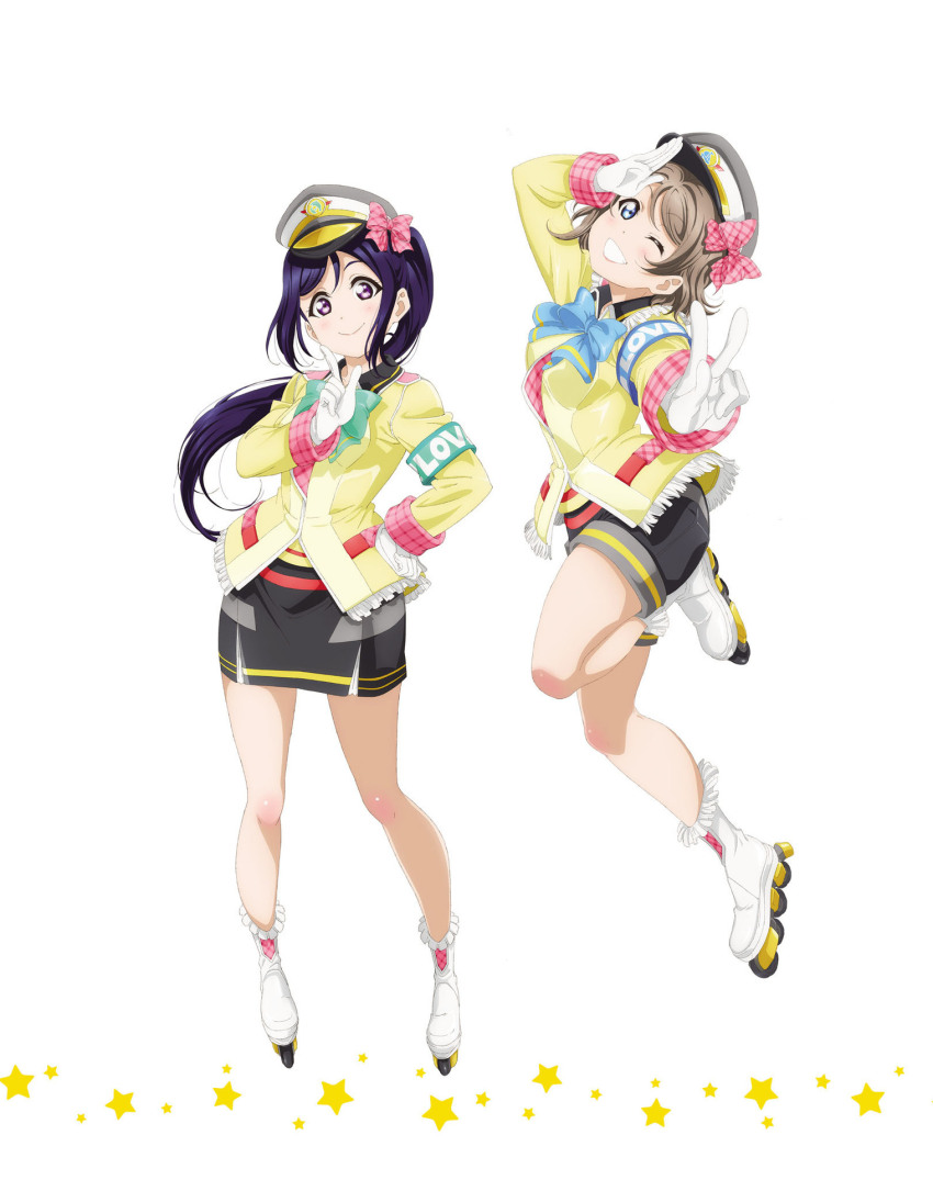 2girls armband artbook black_skirt blue_bow blue_eyes bow bowtie brown_hair full_body gloves grin hand_on_own_hip hat highres index_finger_raised inline_skates long_hair long_sleeves looking_at_viewer love_live! love_live!_sunshine!! matsuura_kanan multiple_girls non-web_source official_art one_eye_closed ponytail purple_eyes purple_hair roller_skates salute short_hair shorts simple_background skates skirt smile standing star_(symbol) watanabe_you white_background white_gloves