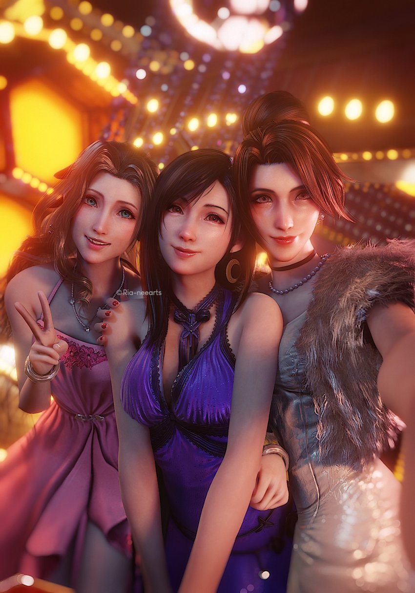 3d 3girls aerith_gainsborough arm_around_waist asymmetrical_bangs black_hair blue_dress bracelet breasts brown_eyes brown_hair choker dress earrings final_fantasy final_fantasy_vii final_fantasy_vii_remake fur_trim green_eyes hair_ribbon hand_on_another&#039;s_shoulder highres honey_bee_inn jessie_rasberry jewelry large_breasts multiple_girls nail_polish necklace parted_bangs parted_lips pink_dress ponytail red_eyes ria-neearts ribbon sidelocks silver_dress smile square_enix swept_bangs tifa_lockhart upper_body v wall_market