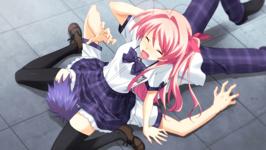 1boy 1girl accident accidental_pervert antenna_hair arm_support arm_up black_thighhighs blue_hair blush bow bowtie breasts brown_shoes chaos;head chaos;head_love_chu_chu! face_in_crotch game_cg hair_bow hand_in_own_hair hand_on_own_head head_between_thighs head_under_another&#039;s_clothes head_under_skirt knee_up kneeling loafers long_hair lying matsuo_yukihiro medium_breasts messy_hair miniskirt nishijou_takumi non-web_source official_art on_back one_side_up open_mouth outdoors outstretched_arms pants pink_hair plaid_bow plaid_bowtie plaid_clothes plaid_pants plaid_skirt plaid_sleeves plaid_trim pleated_skirt purple_bow purple_bowtie purple_pants purple_trim red_bow sakihata_rimi shiny_skin shirt shoes short_hair short_sleeves side_ponytail sitting sitting_on_chest sitting_on_face sitting_on_person skirt spiked_hair thick_thighs thighhighs thighs tile_floor tiles tongue under_another&#039;s_clothes under_skirt unlikely_accident wariza white_petticoat zettai_ryouiki