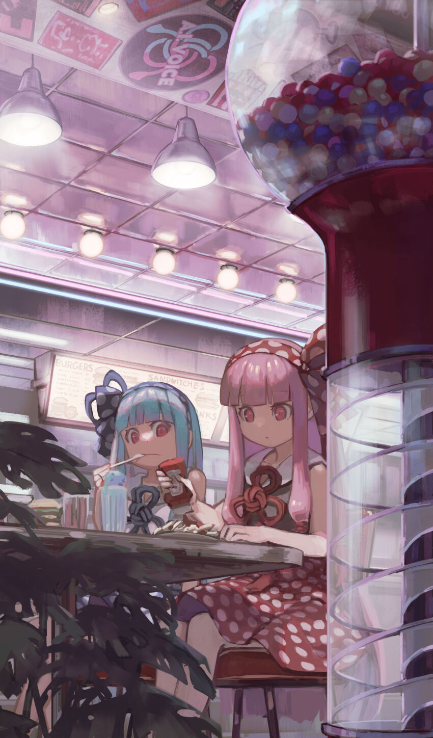 2girls a.i._voice absurdres black_shirt blue_hair blue_hairband blue_ribbon blunt_bangs bottle ceiling_light collared_shirt diner food gumball_machine hair_ribbon hairband highres holding holding_bottle holding_spoon ice_cream_spoon indoors ketchup_bottle kotonoha_akane kotonoha_aoi kyo_mizusawa long_hair looking_at_food low-tied_sidelocks multiple_girls neck_ribbon on_chair parfait peter_pan_collar pink_hair plant polka_dot polka_dot_hairband polka_dot_ribbon polka_dot_skirt red_eyes red_hairband red_ribbon red_skirt ribbon shirt siblings side-by-side sidelocks sisters sitting skirt sleeveless sleeveless_shirt spoon table voiceroid