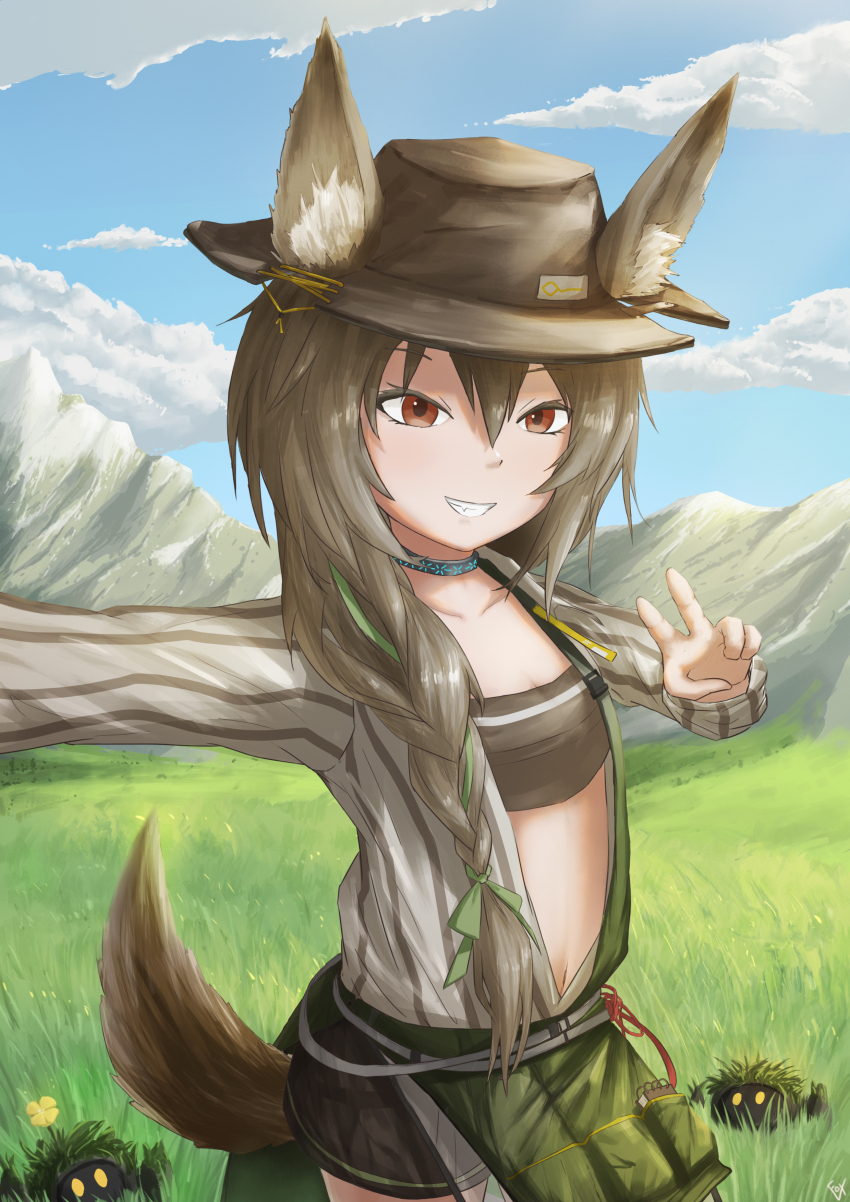 1girl absurdres animal_ears arknights bandeau beanstalk_(arknights) beanstalk_(elite_ii)_(arknights) black_shorts blue_sky breasts brown_bandeau brown_eyes brown_hat brown_tube_top choker cilly_mitis cloud cloudy_sky cowboy_shot domesticated_metal_crab_(arknights) ears_through_headwear grass green_ribbon grin hair_between_eyes hair_ribbon hands_up hat highres hyena_ears hyena_girl hyena_tail infection_monitor_(arknights) long_hair long_sleeves looking_at_viewer midriff mountain navel ribbon scenery shirt shorts sky small_breasts smile solo strapless striped_clothes striped_shirt teeth tube_top v vertical-striped_clothes vertical-striped_shirt white_shirt