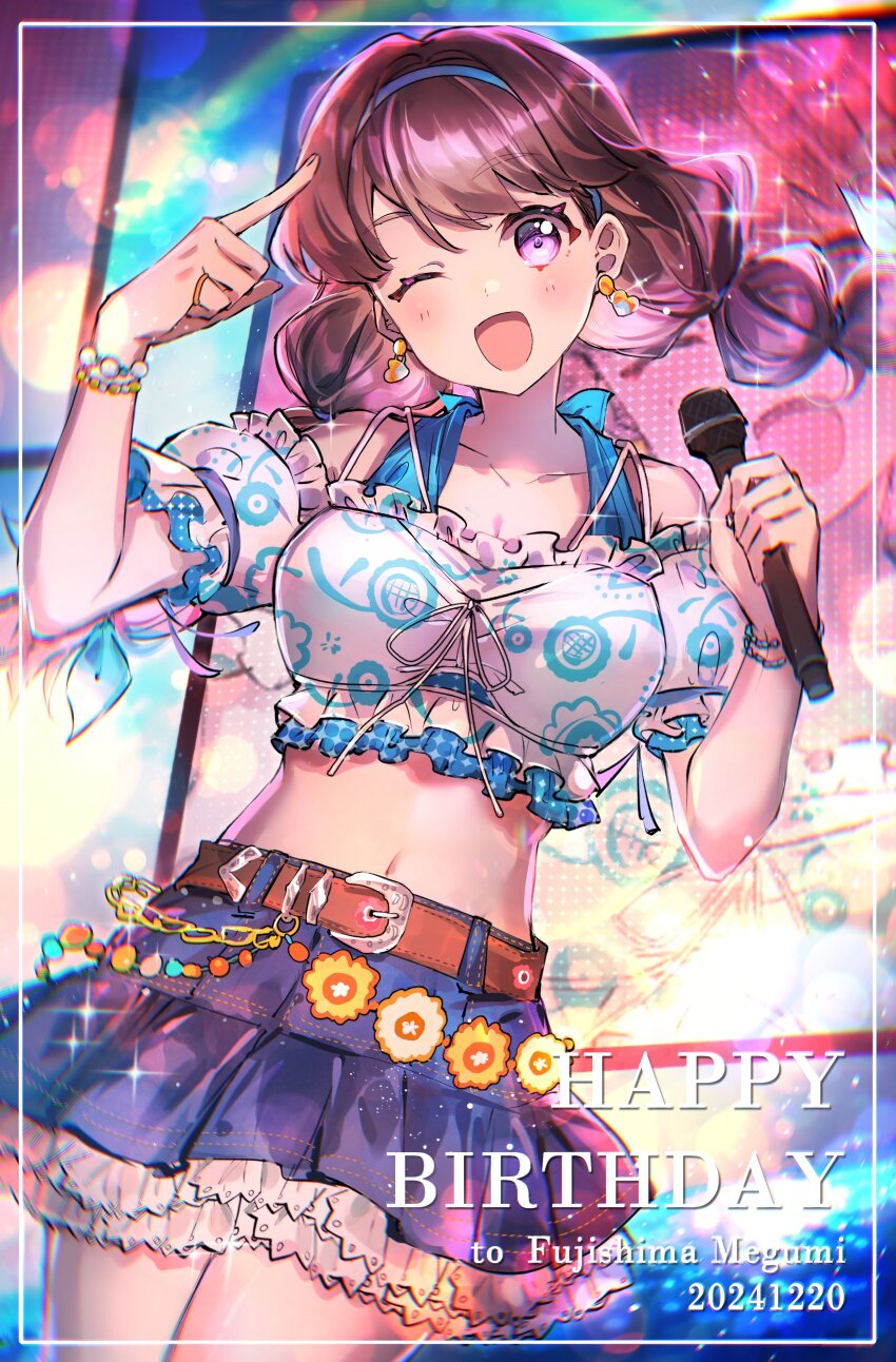 1girl ;d absurdres blue_hairband blush breasts brown_hair cleavage collarbone cowboy_shot cropped_shirt denim denim_skirt detached_sleeves frilled_shirt frilled_skirt frills fujishima_megumi hair_intakes hairband haitsuki highres holding holding_microphone large_breasts link!_like!_love_live! long_hair looking_at_viewer love_live! microphone midriff miniskirt multi-tied_hair natsumeki_pain navel official_alternate_costume one_eye_closed open_mouth puffy_short_sleeves puffy_sleeves purple_eyes screen_zoom shirt short_sleeves skirt sleeveless sleeveless_shirt smile solo swept_bangs virtual_youtuber white_shirt
