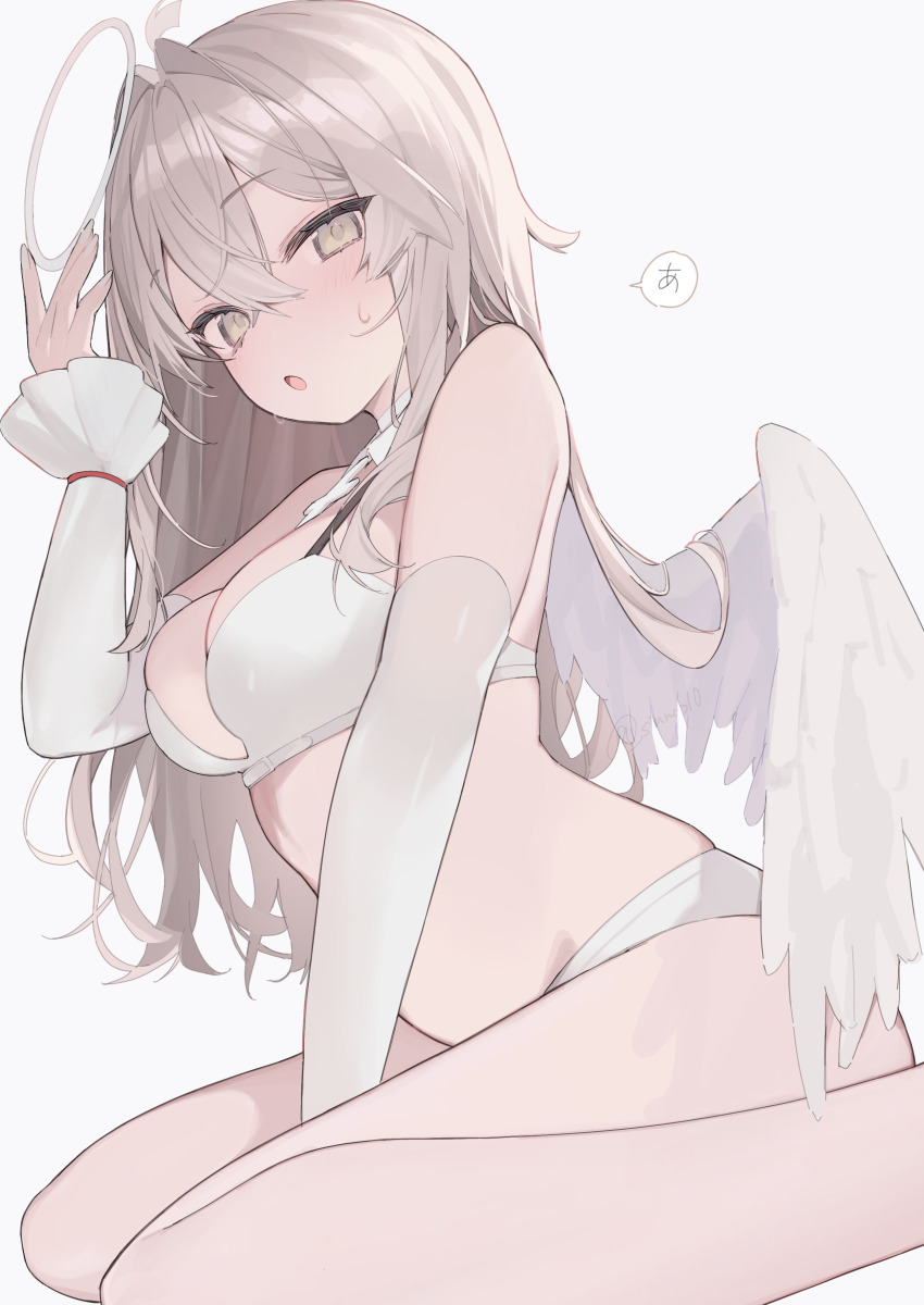 1girl :o absurdres angel angel_wings blush bra breasts commentary_request feathered_wings grey_eyes grey_hair halo highres long_hair medium_breasts original panties shin_no_tenpii simple_background solo speech_bubble sweatdrop underwear white_background white_bra white_halo white_panties white_wings wings