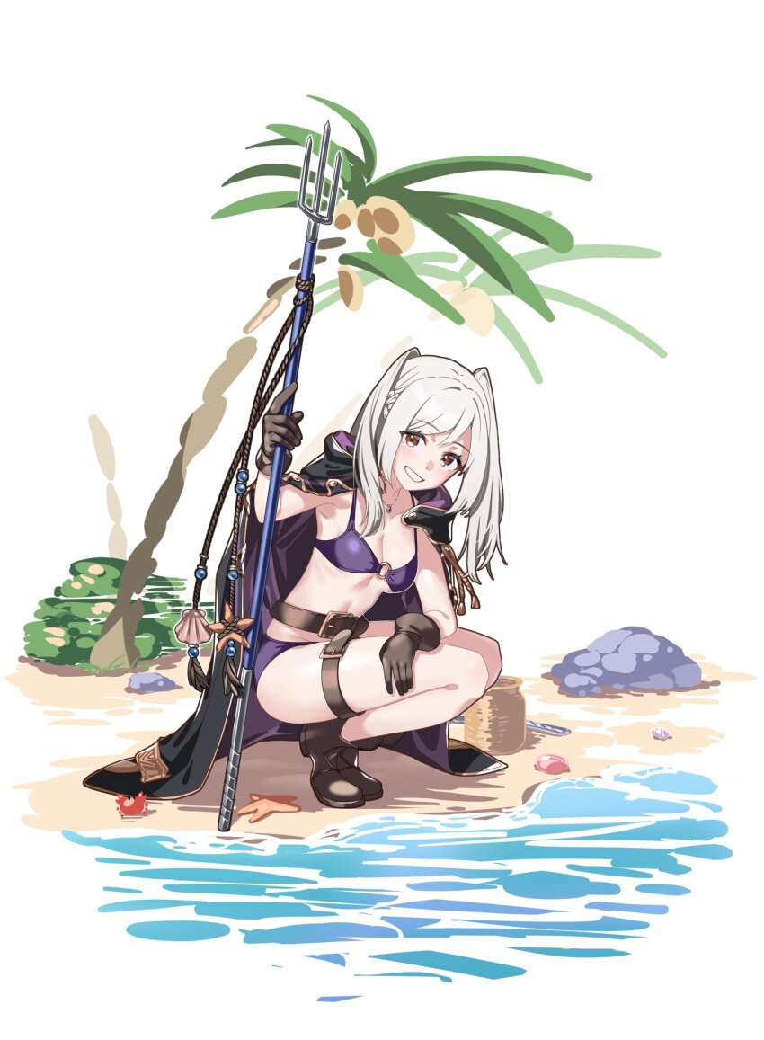 1girl bare_legs beach belt bikini blush breasts brown_eyes brown_gloves cleavage female_robin_(fire_emblem) female_robin_(seaside_tactician)_(fire_emblem) fire_emblem fire_emblem_awakening fire_emblem_heroes gloves grey_hair highres jewelry long_hair looking_at_viewer medium_breasts navel necklace nintendo o-ring o-ring_bikini official_alternate_costume open_mouth palm_tree polearm purple_bikini robe shell smile solo starfish swimsuit tpicm tree trident twintails underboob weapon