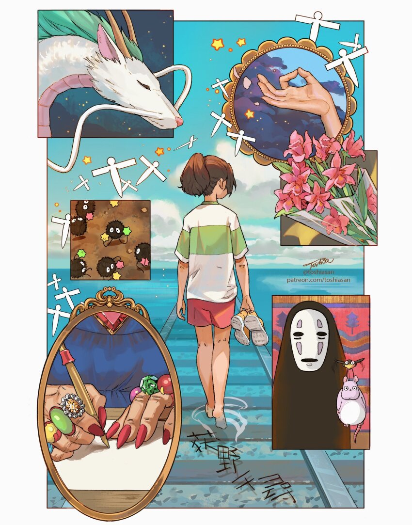1boy 2girls animal back barefoot blue_dress bou_(sen_to_chihiro_no_kamikakushi) bouquet brown_hair closed_eyes cloud commentary creature dragon dragon_horns dress english_commentary flower haku_(sen_to_chihiro_no_kamikakushi) highres holding holding_pen holding_shoes holding_unworn_clothes horns jewelry kaonashi multiple_girls ogino_chihiro pen ponytail railroad_tracks red_nails ring sen_to_chihiro_no_kamikakushi shirt shoes shorts sidelocks susuwatari toshiasan unworn_shoes yu-bird yubaba