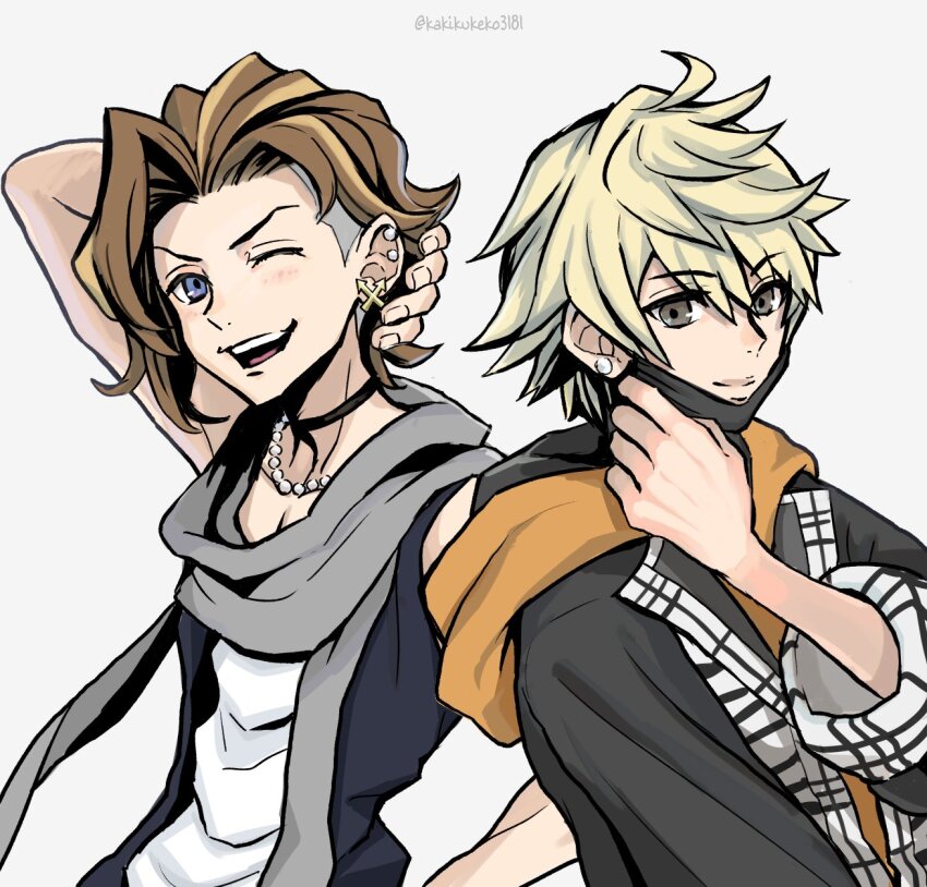 2boys black_coat black_mask black_vest blonde_hair choker coat ear_piercing earrings eyebrows_hidden_by_hair face_mask furesawa_tosai grey_scarf highres hood hoodie jewelry kanade_rindo male_focus mask mouth_mask multiple_boys necklace one_eye_closed open_mouth orange_hoodie pearl_necklace piercing scarf shin_subarashiki_kono_sekai shirt smile subarashiki_kono_sekai upper_body vest white_shirt wink