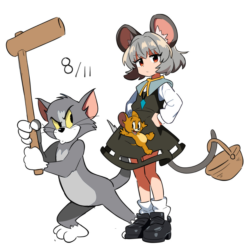 1girl absurdres animal_ear_fluff animal_ears basket black_eyes black_footwear closed_mouth colored_sclera crossover dress full_body grey_hair hair_between_eyes hands_on_own_hips highres holding jerry_(tom_and_jerry) long_sleeves mouse_ears mouse_girl mouse_tail nazrin osa_(osavocaloid) red_eyes shoes short_hair simple_background socks standing tail tom_(tom_and_jerry) tom_and_jerry touhou white_background white_socks yellow_sclera