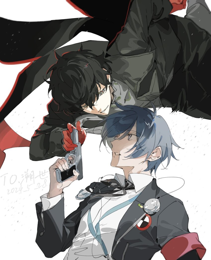 2boys amamiya_ren armband black_coat black_hair black_jacket blue_eyes blue_hair coat collared_shirt digital_media_player digital_walkman evoker gekkoukan_high_school_uniform gloves gun hair_between_eyes highres holding holding_gun holding_weapon jacket long_sleeves looking_at_another male_focus multiple_boys neck_ribbon pants persona persona_3 persona_5 red_armband red_gloves ribbon school_uniform shirt short_hair simple_background smile walkman_nw-s203f weapon white_background white_shirt xing_20 yuuki_makoto_(persona_3)