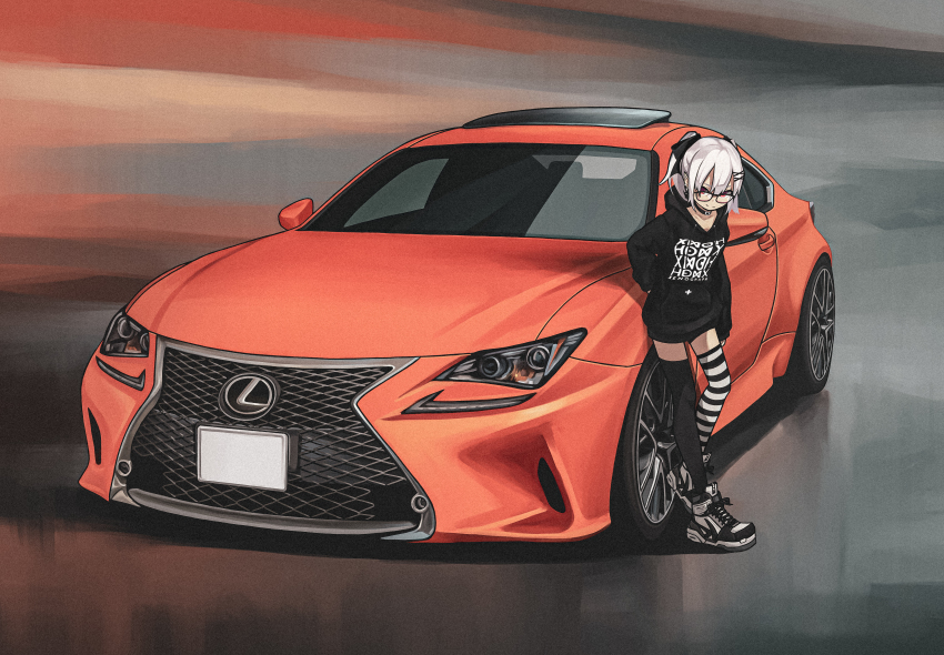 1girl absurdres asymmetrical_legwear black_choker black_hoodie black_ribbon black_shorts bokuya car choker clothes_writing commentary_request commission ear_piercing glasses hair_ornament hair_ribbon hairclip highres hood hoodie lexus lexus_rc_f motor_vehicle orange_car original piercing pointy_ears ponytail red_eyes ribbon shoes short_hair shorts skeb_commission sneakers sports_car thighhighs vehicle_focus white_hair