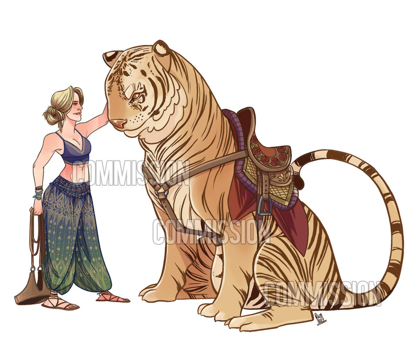 1girl 1other blonde_hair blue_pants breasts cleavage crop_top full_body greekceltic hair_bun large_breasts navel pants saddle simple_background tiger