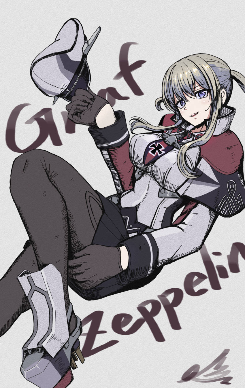1girl black_gloves black_pantyhose black_skirt blonde_hair blue_eyes breasts full_body gloves graf_zeppelin_(kancolle) hat highres kantai_collection large_breasts looking_at_viewer military_hat miniskirt necktie open_mouth pantyhose peaked_cap pleated_skirt red_necktie simple_background skirt smile solo tanasiso teeth twintails upper_teeth_only white_footwear white_hat