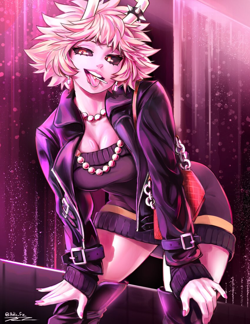 1girl absurdres alternate_costume artist_name ashido_mina bead_necklace beads black_sclera boku_no_hero_academia boots breasts cleavage collarbone colored_sclera colored_skin earrings female_focus hands_on_own_knees hhholic highres horns jacket jewelry large_breasts leather leather_jacket looking_at_viewer messy_hair necklace open_mouth pink_hair pink_skin short_hair smile solo spiked_hair_ornament teeth thigh_boots tongue tongue_out twitter_username upper_teeth_only yellow_eyes