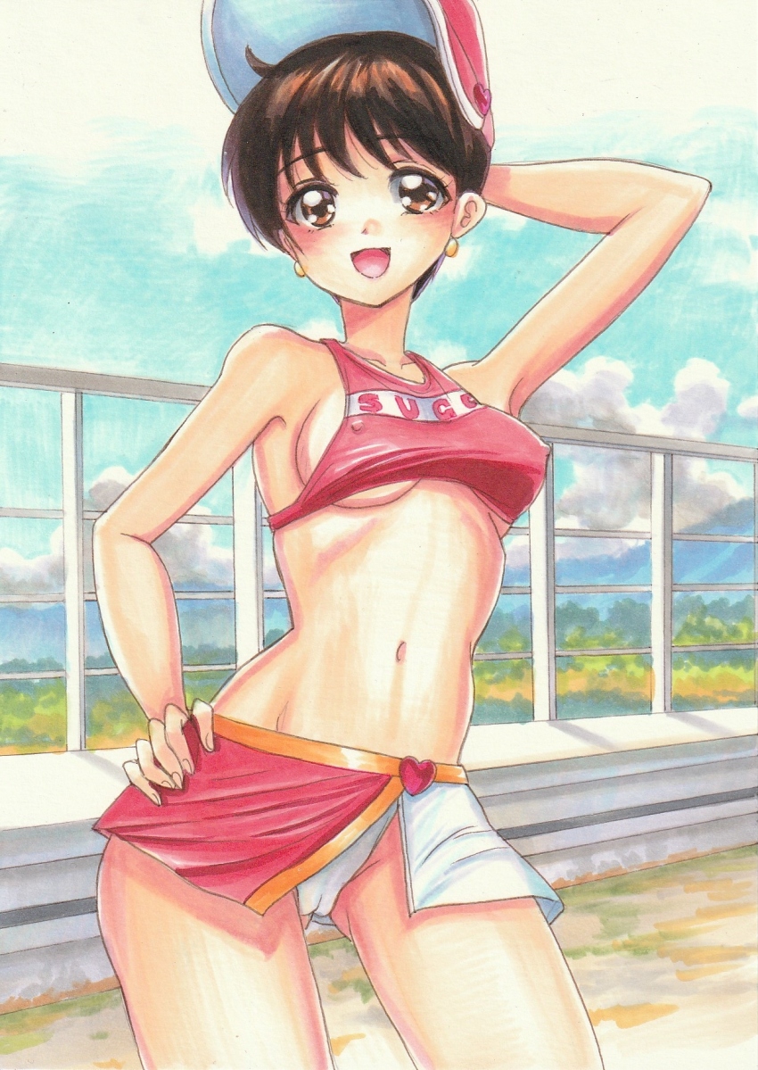 1990s_(style) 1girl alternate_hair_length alternate_hairstyle arm_behind_head bare_shoulders blue_sky breasts brown_eyes brown_hair cameltoe clothes_writing cloud collarbone covered_erect_nipples cowboy_shot crop_top fence future_gpx_cyber_formula gluteal_fold hand_on_own_hip highres looking_at_viewer medium_breasts microskirt midriff miniskirt navel open_mouth panties pantyshot race_queen retro_artstyle short_hair sideboob skirt sky smile sugou_asuka tomoeri traditional_media underboob underwear visor_cap