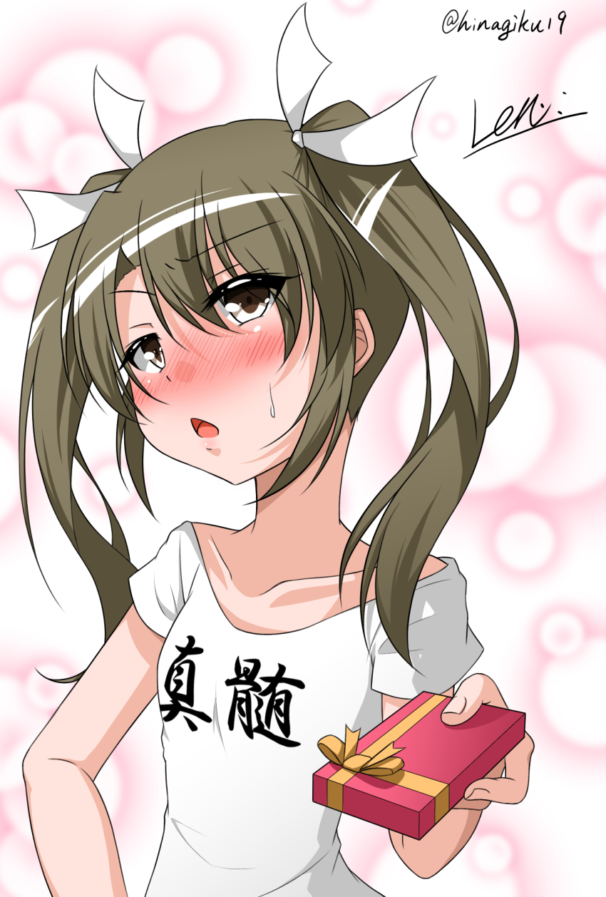 1girl blush bubble_background clothes_writing dark_green_hair female_focus gift hair_ribbon highres kantai_collection kazami_ren_(fuushagoya) long_hair ribbon shirt solo sweat t-shirt translation_request twintails zuikaku_(kancolle)
