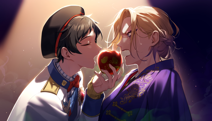 13_(bbr584607091) 2boys absurdres angry apple black_hair black_hat blonde_hair bow bowtie closed_eyes food fruit gradient_hair hat highres holding holding_food jacket lipstick makeup male_focus multicolored_hair multiple_boys neige_leblanche open_mouth purple_eyes purple_hair purple_robe red_bow red_bowtie robe sharing_food short_hair spotlight twisted_wonderland upper_body vil_schoenheit white_jacket yaoi