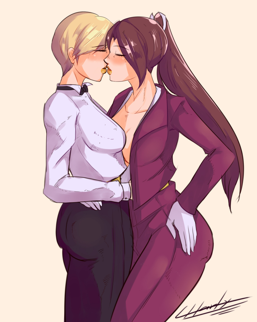 absurdres blonde_hair brown_hair charlyarts curvy fatal_fury formal_clothes gloves hand_under_clothes highres king_(snk) kiss long_hair pants ryuuko_no_ken shiranui_mai shirt short_hair snk standing the_king_of_fighters tuxedo undressing white_shirt wide_hips yuri