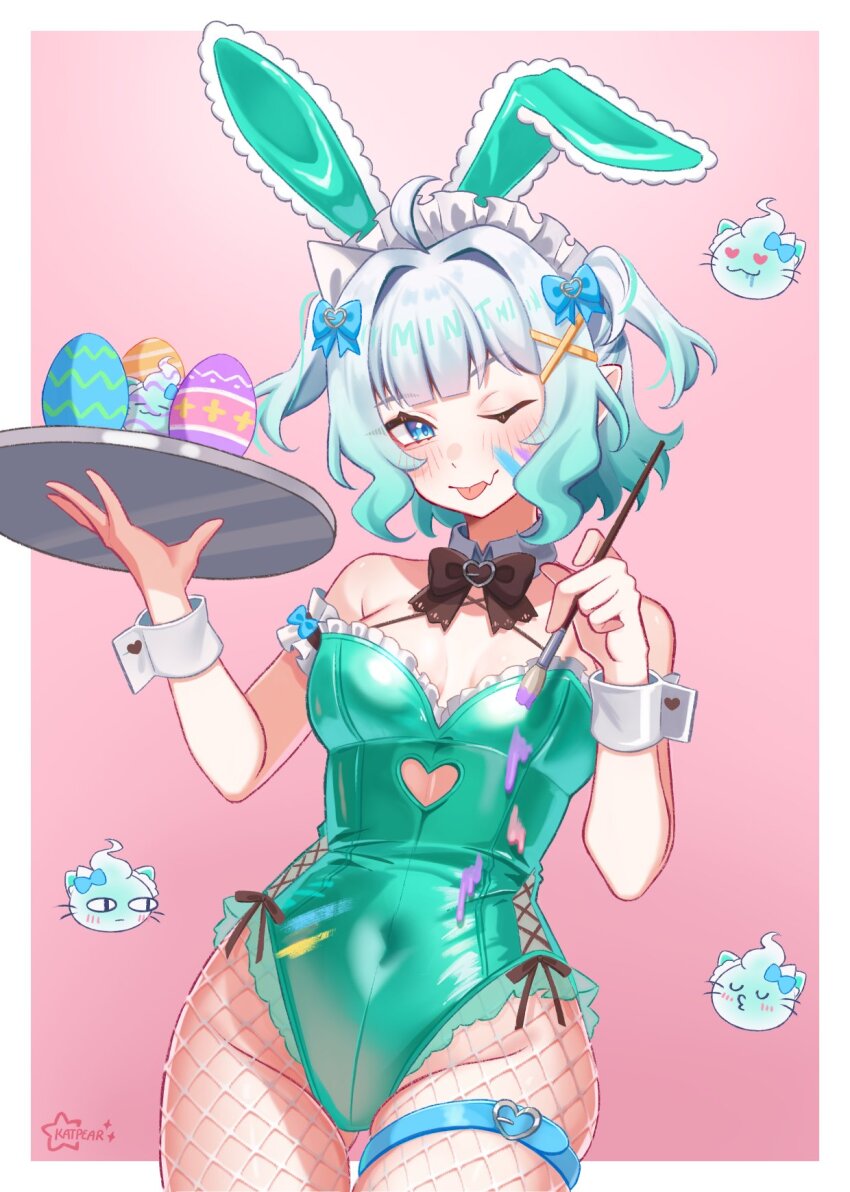 1girl ahoge alternate_costume animal_ears aqua_leotard arm_garter bare_shoulders belt blue_eyes blue_ribbon blush border bow bowtie brown_bow brown_bowtie character_name closed_mouth clothing_cutout commentary covered_navel cowboy_shot detached_collar dot_nose easter_egg egg english_commentary fake_animal_ears fang fishnet_pantyhose fishnets frilled_garter frilled_leotard frills ghost_girl gradient_background gradient_hair green_hair hair_intakes hair_ribbon hands_up heart_belt heart_cutout highres holding holding_paintbrush holding_trail indie_virtual_youtuber kat_pear leotard looking_at_another looking_at_viewer maid_headdress mascot medium_hair mint_fantome mint_fantome_(minto_2.0) multicolored_hair off-shoulder_leotard one_eye_closed outside_border paint_on_clothes paint_splatter paint_splatter_on_face paintbrush pantyhose pink_background playboy_bunny puckered_lips rabbit_ears ribbon sidelocks skin_fang standing stomach_cutout thigh_belt thigh_strap tongue tongue_out triangular_headpiece two-tone_hair two_side_up virtual_youtuber white_border white_hair wisps_(mint_fantome) wrist_cuffs