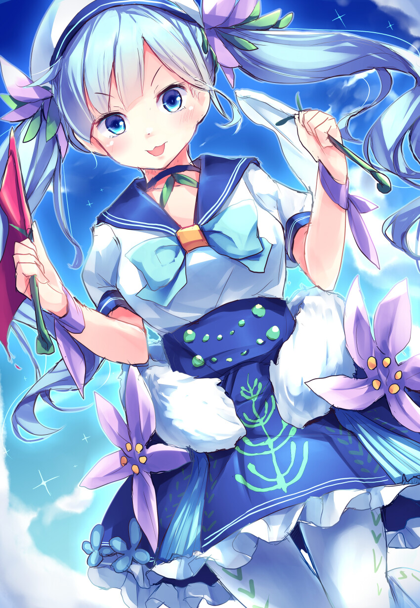 1girl absurdres blue_eyes blue_hair blue_serafuku blush breasts cloud dress dress_flower duel_monster flag flower frilled_dress frills hair_ornament hand_up hat highres holding holding_flag kanzakietc long_hair looking_at_viewer medium_breasts open_mouth pantyhose puffy_short_sleeves puffy_sleeves red_flag ribbon sailor_hat school_uniform serafuku short_sleeves smile solo sparkle staysailor_romarin twintails white_flag white_pantyhose wings wrist_ribbon yu-gi-oh!