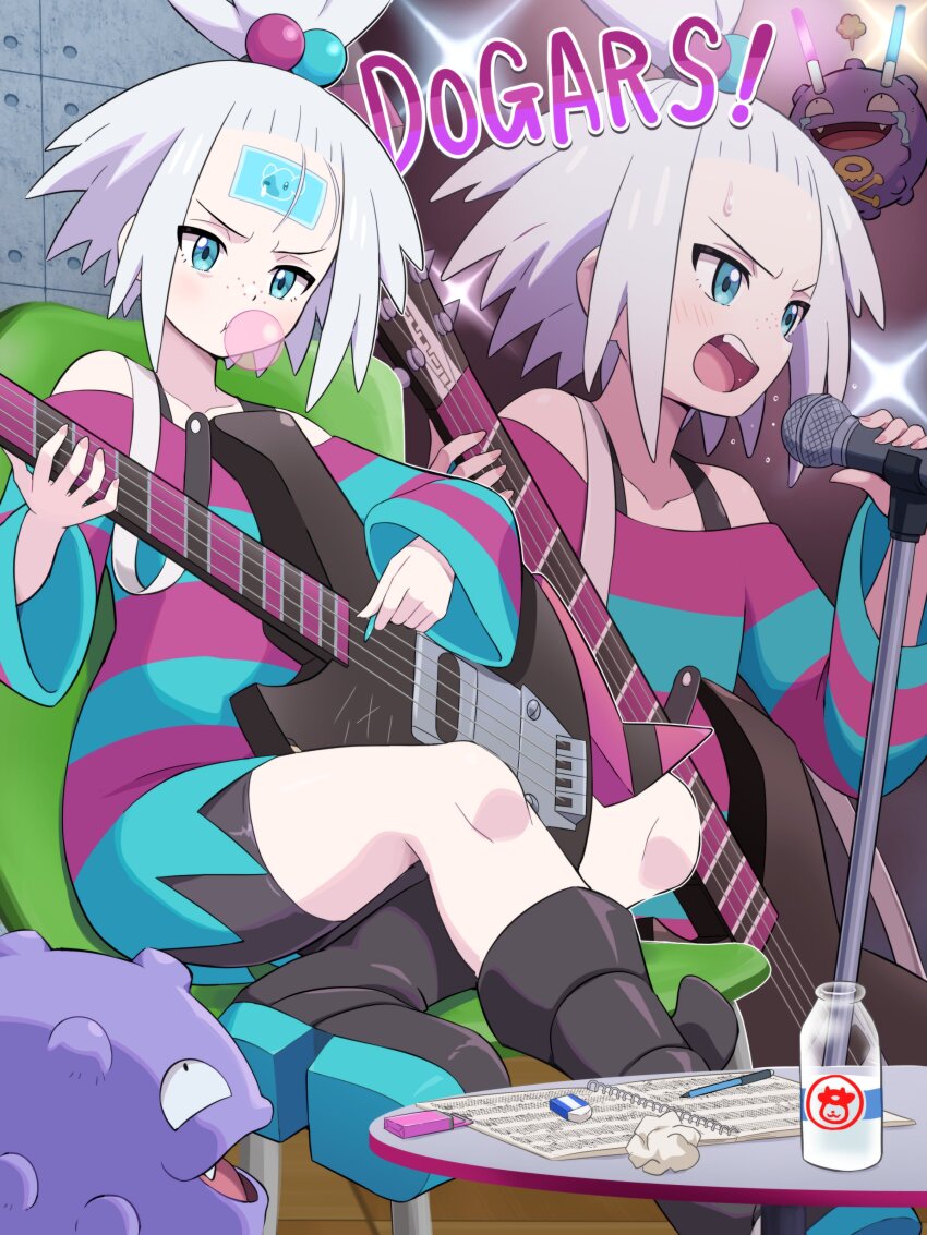 1girl absurdres bass_guitar blowing_bubble_gum blue_eyes blush boots bottle bra_strap breasts chewing_gum cubchoo dress electric_guitar eraser forehead freckles gen_1_pokemon gen_5_pokemon guitar hair_bobbles hair_ornament highres holding holding_bass_guitar holding_guitar holding_instrument instrument koffing looking_at_viewer microphone milk_bottle moomoo_milk music nintendo notebook open_mouth paper patch pencil playing_instrument pokemoa pokemon pokemon_(creature) pokemon_bw2 roxie_(pokemon) shirt short_hair sitting smile solo striped_clothes striped_dress sweat teeth topknot white_hair