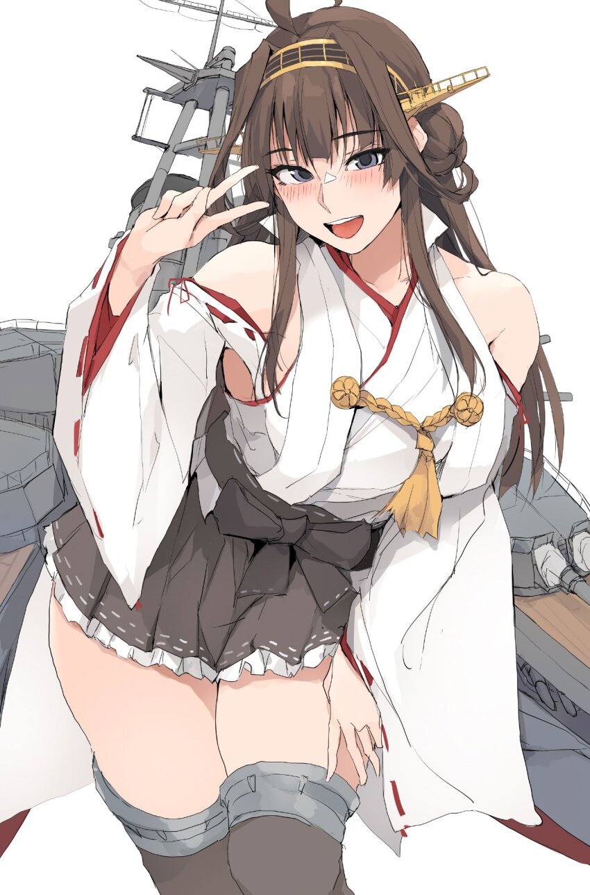 1girl adapted_turret ahoge artillery bare_shoulders blush boots breasts brown_hair cannon detached_sleeves double_bun hair_bun hairband hakama hakama_short_skirt hakama_skirt headgear highres japanese_clothes kantai_collection kongou_(kancolle) kongou_kai_ni_(kancolle) large_breasts long_hair looking_at_viewer machinery medium_breasts nontraditional_miko open_mouth purple_eyes ribbon-trimmed_sleeves ribbon_trim rigging ship_turret skirt smile smokestack solo thigh_boots thighhighs white_background zekkyon