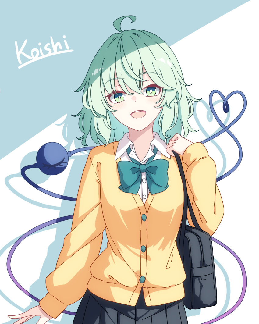 1girl absurdres ahoge alternate_costume bag bow bowtie cardigan character_name collared_shirt commentary_request eyeball green_bow green_bowtie green_eyes green_hair heart heart_of_string highres komeiji_koishi long_hair long_sleeves looking_at_viewer no_headwear open_mouth pioartstuff school_bag school_uniform shadow shirt shoulder_bag smile solo third_eye touhou white_shirt yellow_cardigan