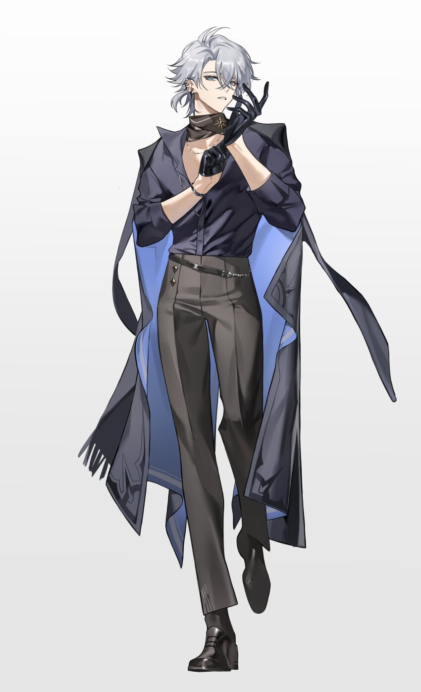 1boy adjusting_clothes adjusting_gloves antenna_hair black_choker black_coat black_gloves black_pants black_shirt black_shoes blue_eyes choker coat coat_on_shoulders collared_shirt earclip full_body gloves half_gloves hashtag-only_commentary highres honkai:_star_rail honkai_(series) male_focus miemiebei official_alternate_costume pants parted_bangs parted_lips pectoral_cleavage pectorals phainon_(fashion)_(honkai:_star_rail) phainon_(honkai:_star_rail) ponytail shirt shoes short_hair simple_background solo white_background white_hair
