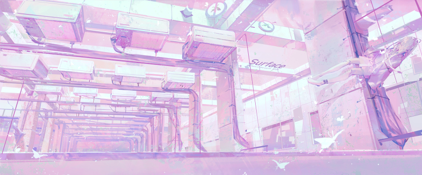1girl android blunt_bangs bug cable collared_shirt commentary english_commentary floating full_body hair_intakes highres indoors industrial_pipe insect joints light_particles long_hair long_sleeves monochrome moth original purple_eyes purple_hair purple_shirt purple_shorts purple_theme robot_joints scenery shirt shorts sleeves_past_fingers sleeves_past_wrists socks solo white_socks wide_shot window yingfeng862