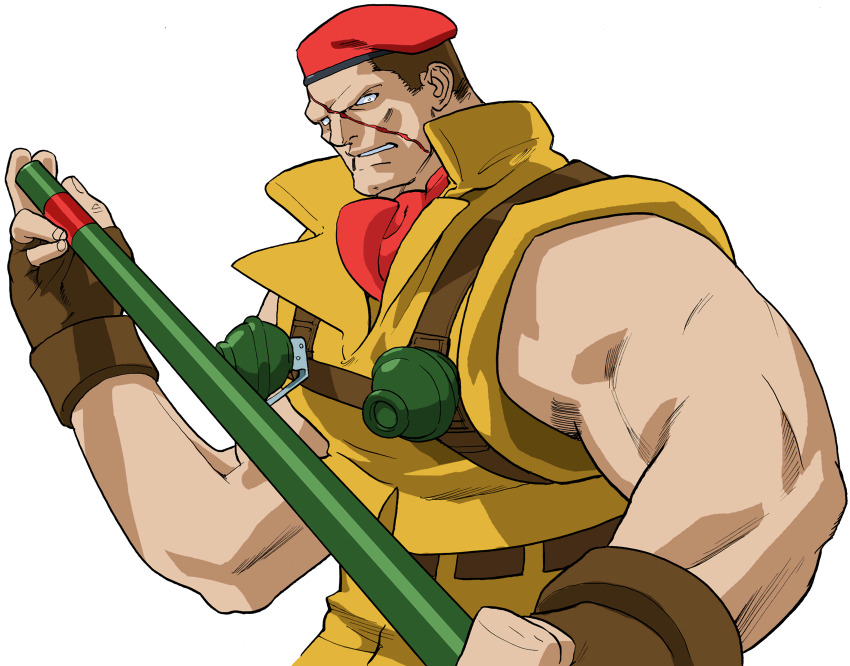 1boy bengus beret brown_hair explosive from_side game_cg grenade hat highres holding holding_staff holding_weapon looking_at_viewer male_focus military muscular muscular_male non-web_source official_art portrait red_scarf rolento scar scar_on_face scarf short_hair simple_background sleeveless smile solo staff street_fighter street_fighter_zero_(series) upper_body v-shaped_eyebrows weapon white_background