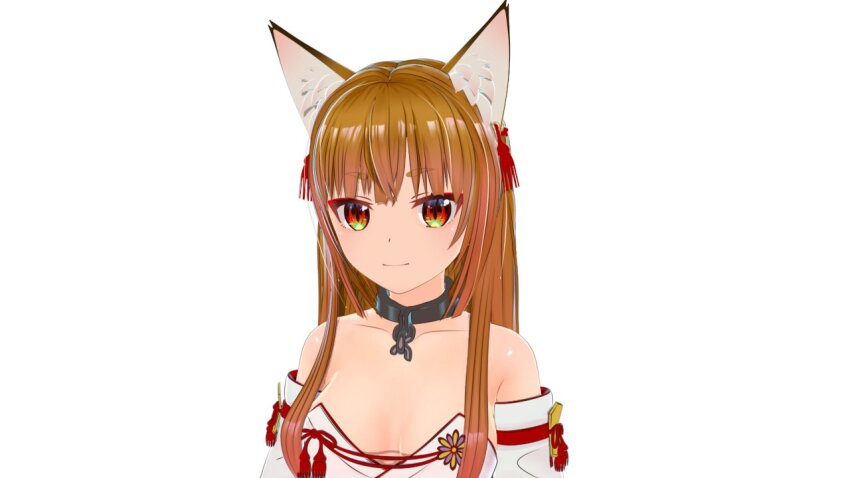 1girl 3d animal_ears bare_shoulders breasts brown_hair chain chain_leash collar commentary_request fox_ears fox_girl hair_down japanese_clothes kakuno kimono leash long_hair medium_breasts metal_collar multicolored_eyes red_eyes solo upper_body uraniwa_no_tochi-gami-sama