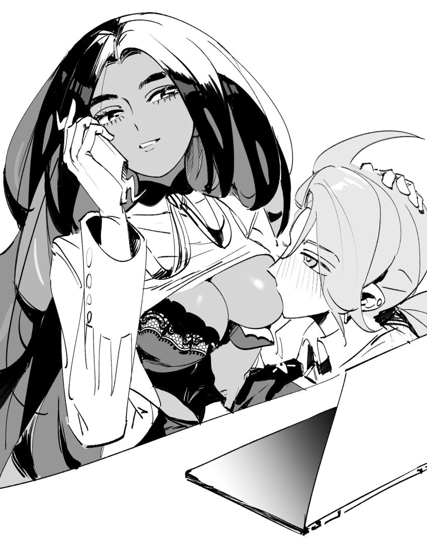 2girls ahoge blush bra breast_sucking breasts clothes_lift computer desk geeta_(pokemon) geetasdog gen_4_pokemon gloves greyscale hand_on_another&#039;s_head highres holding holding_phone lace lace-trimmed_bra lace_trim laptop long_hair monochrome multiple_girls nintendo phone pokemon pokemon_sv rika_(pokemon) rotom rotom_phone shirt_lift underwear uppi white_background yuri