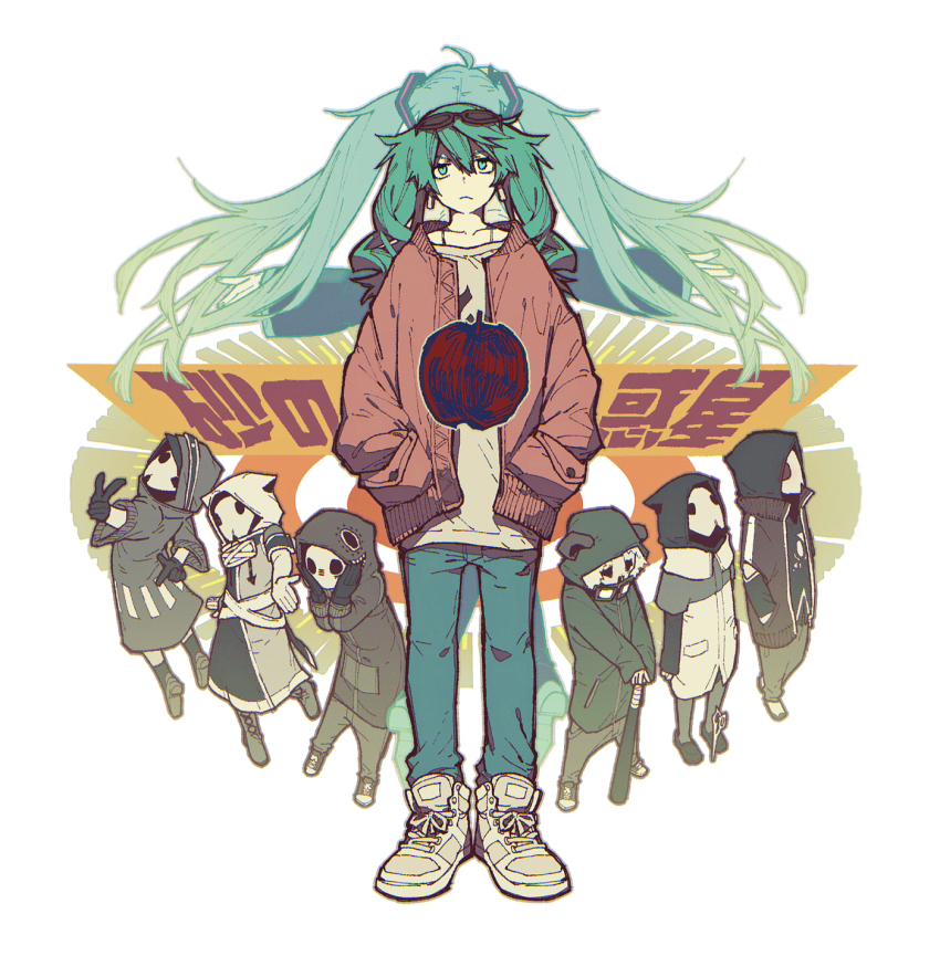 2girls :&lt; ahoge ambiguous_gender animal_hood apple aqua_eyes arms_at_sides back-to-back baseball_bat beige_shirt belt black_footwear black_gloves black_legwear blue_pants boots brown_jacket children_record_(vocaloid) closed_mouth collarbone copyright_name cosplay curly_hair denim detached_sleeves dress earrings eyewear_on_head floating food from_behind fruit gloves goggles goggles_around_neck gumi hair_between_eyes hands_in_pockets hands_on_own_face hatsune_miku highres hood hoodie ia_(vocaloid) inazumrai jacket jeans jewelry jitome long_hair looking_down looking_past_viewer looking_up mary_janes mask matryoshka_(vocaloid) medium_hair megurine_luka megurine_luka_(cosplay) melt_(vocaloid) messy_hair mozaik_role_(vocaloid) multiple_girls nail_polish outstretched_arms oversized_clothes pale_skin panda_hero_(vocaloid) pants piano_keys platform_boots platform_footwear pocket pointing samfree_(&quot;night&quot;_songs) scissors senbon-zakura_(vocaloid) shirt shoelaces shoes sneakers socks songover spaghetti_strap standing suna_no_wakusei_(vocaloid) sunglasses thighhighs twintails very_long_hair vocaloid white_background white_footwear wide_sleeves