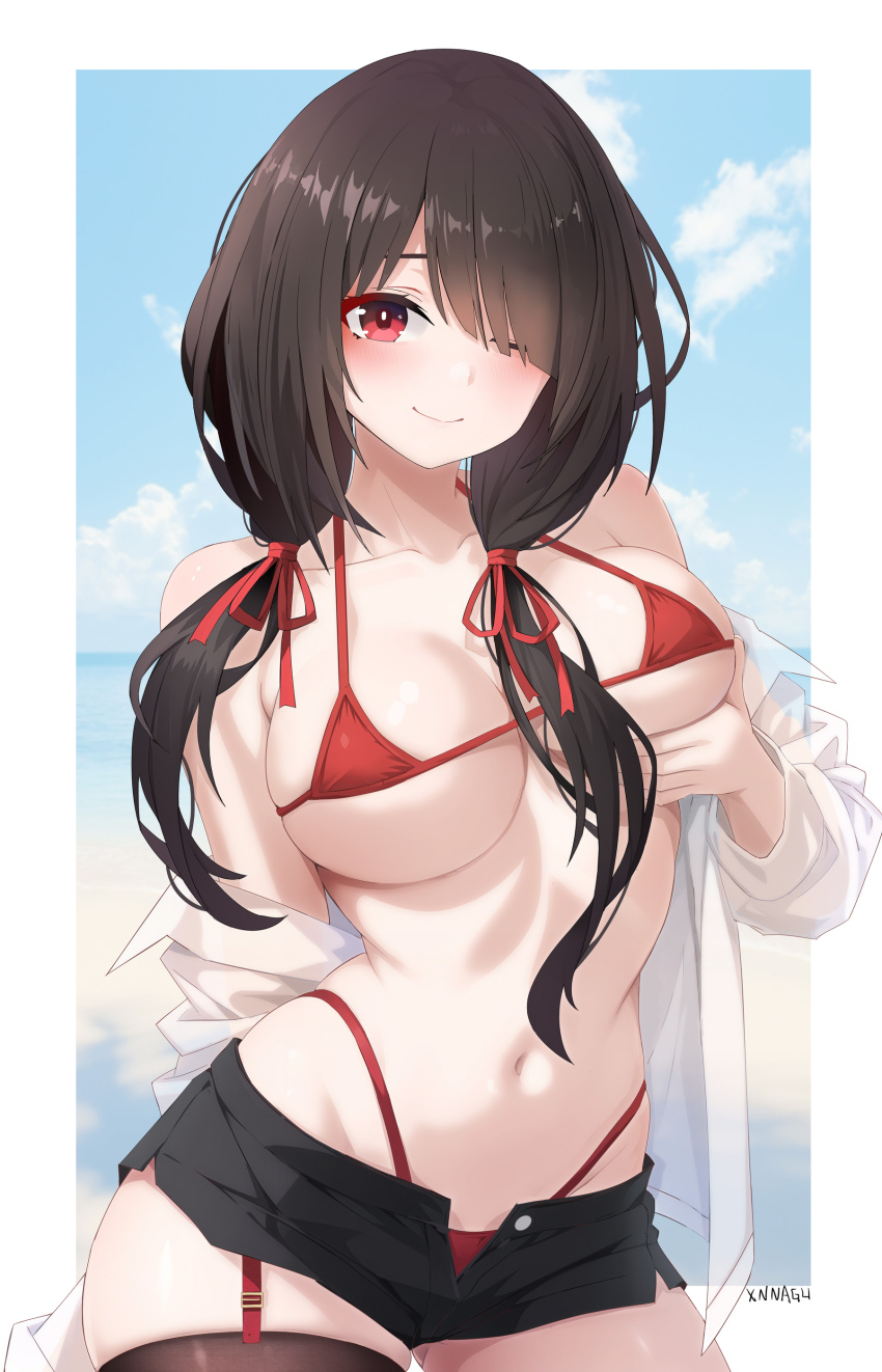 1girl absurdres bikini bikini_under_shorts black_hair blue_sky blush border breast_lift breasts chinese_commentary cloud collarbone cowboy_shot date_a_live hair_over_one_eye highres looking_at_viewer low_twintails medium_breasts navel off_shoulder one_eye_closed red_bikini red_eyes shirt sky solo stomach swimsuit tokisaki_kurumi twintails white_border white_shirt xnnagu