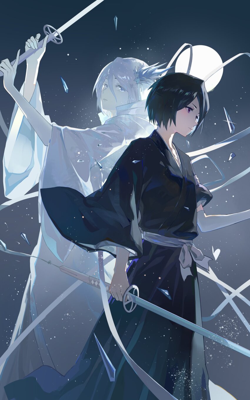 2girls back-to-back bankai black_hair black_kimono bleach bleach:_sennen_kessen-hen cryokinesis crystal_sword dress dual_persona hair_between_eyes hair_ornament hakka_no_togame_(bankai) highres holding holding_sword holding_weapon ice ice_crystal japanese_clothes kimono kuchiki_rukia long_ribbon long_sleeves multiple_girls purple_eyes sash shihakusho shikai shinigami short_hair sode_no_shirayuki_(shikai) sword weapon white_dress white_hair white_sash wide_sleeves zanpakutou zzz_zhi_he