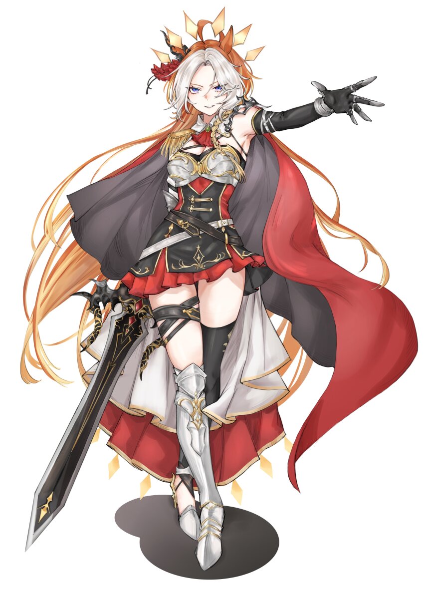 1girl absurdres aburi-gatana ahoge aiguillette alternate_costume armor armpits ascot belt black_belt black_gloves blonde_hair blunt_ends cape commentary crossed_belts dress ear_covers ear_ornament elbow_gloves epaulettes eyes_visible_through_hair full_body gem gloves gold_trim gradient_hair greaves green_gemstone grey_cape grey_hair hair_intakes high-low_skirt highres holding holding_sword holding_weapon horse_girl long_hair looking_at_viewer monochrome multicolored_hair orange_hair orfevre_(umamusume) pauldrons purple_eyes red_ascot red_cape red_dress red_gemstone shadow shoulder_armor single_ear_cover single_epaulette single_greave single_pauldron solo sword tachi-e thigh_strap two-sided_fabric two-tone_cape umamusume very_long_hair weapon white_belt