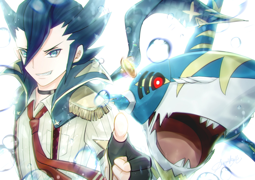1boy bad_id bad_pixiv_id black_choker black_gloves black_hair blue_eyes bubble choker clenched_teeth coin commentary_request epaulettes fingerless_gloves gen_3_pokemon gloves grimsley_(pokemon) grimsley_(sygna_suit)_(pokemon) hair_between_eyes looking_at_viewer mega_pokemon mega_sharpedo necktie nintendo official_alternate_costume pokemon pokemon_(creature) pokemon_masters_ex red_neckwear sharpedo shirt supino suspenders teeth