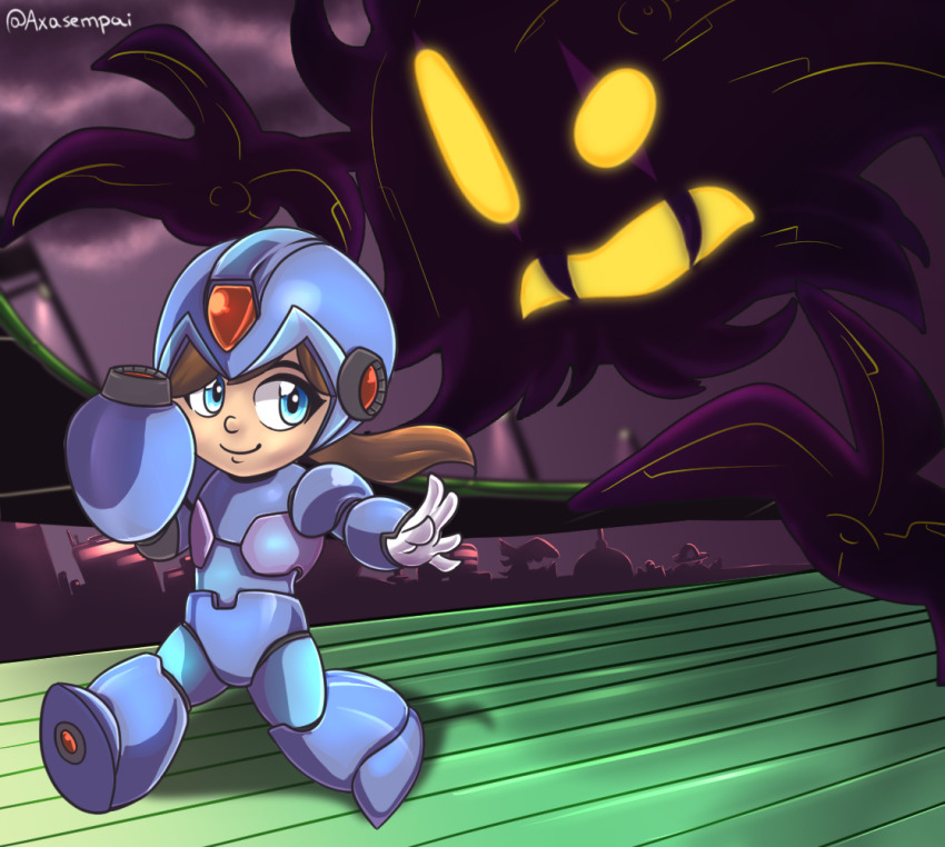 1boy 1girl a_hat_in_time arm_cannon armor axasempai blue_armor blue_eyes brown_hair character_request check_character claws closed_mouth cloud commentary cosplay english_commentary ghost hat_kid long_hair looking_to_the_side mega_man_(series) mega_man_x_(series) ponytail purple_background smile snatcher_(a_hat_in_time) twitter_username walking weapon x_(mega_man) x_(mega_man)_(cosplay)