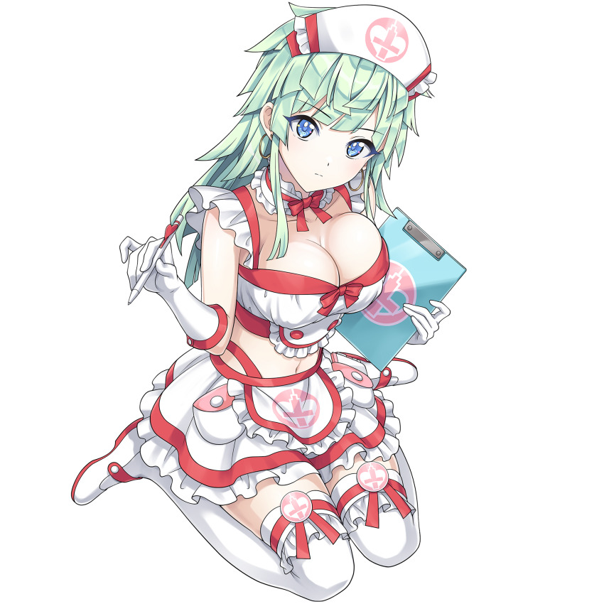 1girl apron blue_eyes blush breasts cleavage clipboard crop_top cross detached_collar dolphin_wave earrings frilled_skirt frills frown game_cg gloves green_hair hat highres holding holding_clipboard holding_pen hoop_earrings jewelry kishimen_hair large_breasts long_hair looking_at_viewer navel non-web_source nurse nurse_cap official_art ootomo_takuji panties panty_peek pen red_cross ribbon-trimmed_shirt ribbon-trimmed_skirt ribbon-trimmed_thighhighs ribbon_trim selena_lewis shirt sitting skirt solo thighhighs transparent_background underwear waist_apron wariza white_apron white_gloves white_thighhighs