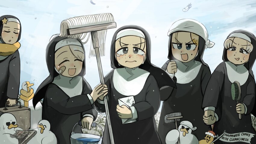 5girls :d aged_down baby_animal bandaid bandaid_on_face bird black_hair blonde_hair blue_eyes bucket chicken closed_eyes closed_mouth commentary crying crying_with_eyes_open diva_(hyxpk) duck duckling english_commentary freckles freckles_nun_(diva) goose grey_hair habit highres holding holding_letter leaf_nun_(diva) letter little_nuns_(diva) mole mole_on_cheek mole_under_eye mop multiple_girls nun open_mouth outdoors scarf smile smug_nun_(diva) star_nun_(diva) star_ornament strict_nun_(diva) suitcase tears traditional_nun wavy_mouth yellow_scarf