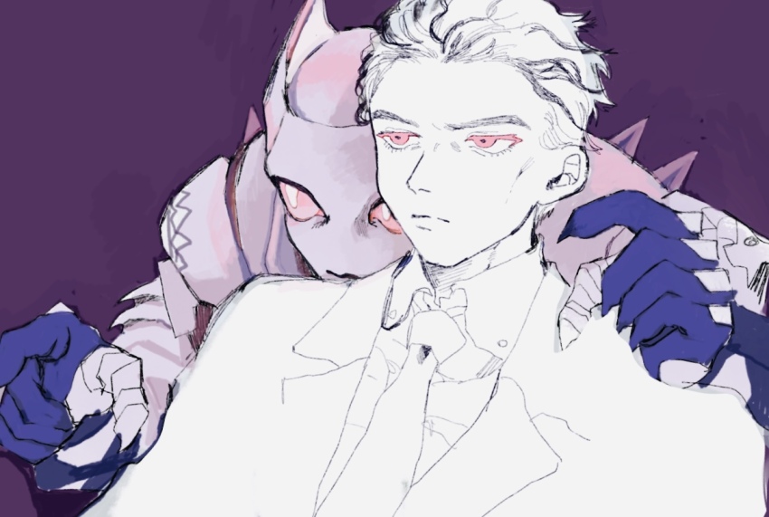 1boy 1other animal_ears behind_another black_hair black_streaks bright_pupils cat_ears claws colored_eyelashes colored_skin diamond_wa_kudakenai gloves jojo_no_kimyou_na_bouken kawajiri_kosaku killer_queen kira_yoshikage multicolored_hair partially_colored partially_fingerless_gloves pink_eyes pink_skin purple_background simple_background slit_pupils stand_(jojo) upper_body user_xjny2857 white_hair white_pupils