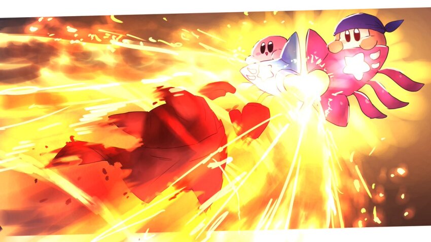 bandana bandana_waddle_dee blue_headwear blush_stickers colored_skin creature disembodied_hand kirby kirby_(series) kirby_fighters_2 looking_at_another magolor nintendo no_humans open_mouth pink_skin rayman_limbs shiburingaru solid_oval_eyes star_(symbol) torn_clothes