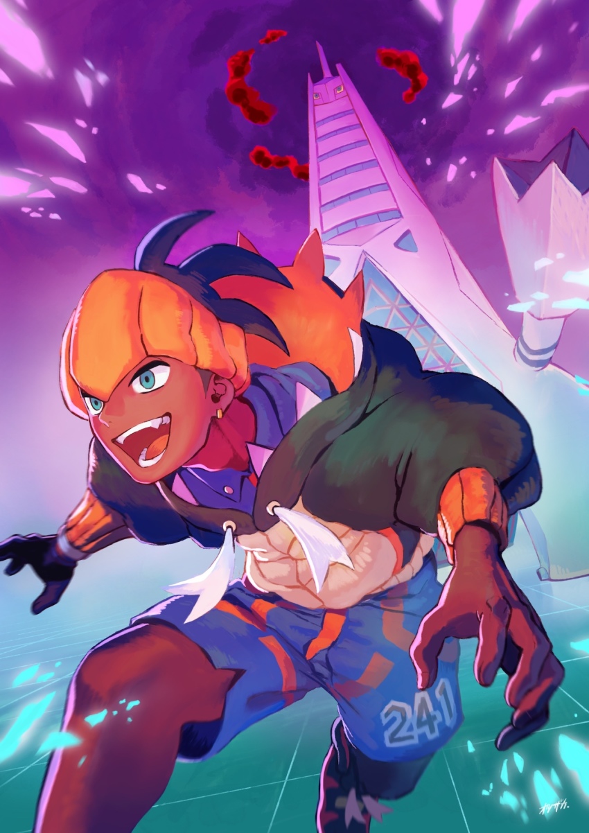 1boy black_footwear black_hair black_hoodie blurry collared_shirt commentary_request dark-skinned_male dark_skin duraludon dynamax_band earrings gen_8_pokemon gigantamax gigantamax_duraludon gloves green_eyes highres hood hoodie jewelry male_focus nintendo open_mouth otsuzaka pokemon pokemon_(creature) pokemon_swsh raihan_(pokemon) shirt shoes short_hair shorts side_slit side_slit_shorts single_glove teeth tongue