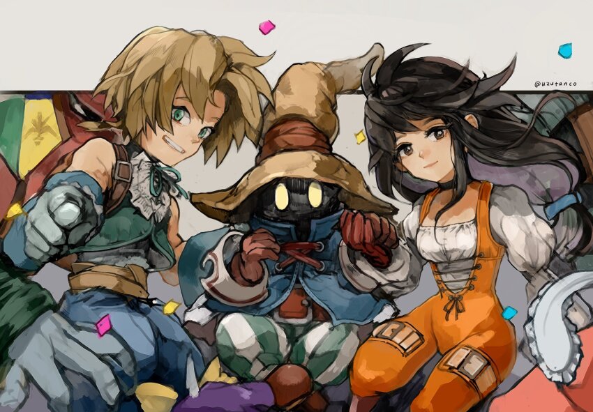 1other 3boys 3girls aqua_ribbon aqua_vest bare_shoulders belt belt_buckle bib black_choker black_hair blonde_hair blue_coat blue_eyes blue_pants blunt_ends bodysuit boots border bow breasts brown_eyes brown_footwear brown_gloves buckle choker closed_mouth coat colored_skin confetti cowboy_shot cropped_vest eiko_carol feet_out_of_frame final_fantasy final_fantasy_ix freija_crescent frilled_shirt_collar frills garnet_til_alexandros_xvii gloves glowing glowing_eyes grey_gloves grey_skin hair_bow hat highres holding_hands horns juliet_sleeves long_hair long_sleeves looking_at_viewer low-tied_long_hair low_ponytail medium_breasts multiple_boys multiple_girls neck_ribbon open_mouth orange_bodysuit pants parted_bangs pointing pointing_at_viewer ponytail puffy_long_sleeves puffy_sleeves purple_hair quina_quen red_gloves ribbon salamander_coral shirt short_hair_with_long_locks single_horn sleeveless sleeveless_shirt smile striped_clothes striped_pants swept_bangs thigh_strap twitter_username underbust uzutanco vest vivi_ornitier white_border white_shirt wizard_hat wrist_cuffs yellow_bow yellow_eyes zidane_tribal