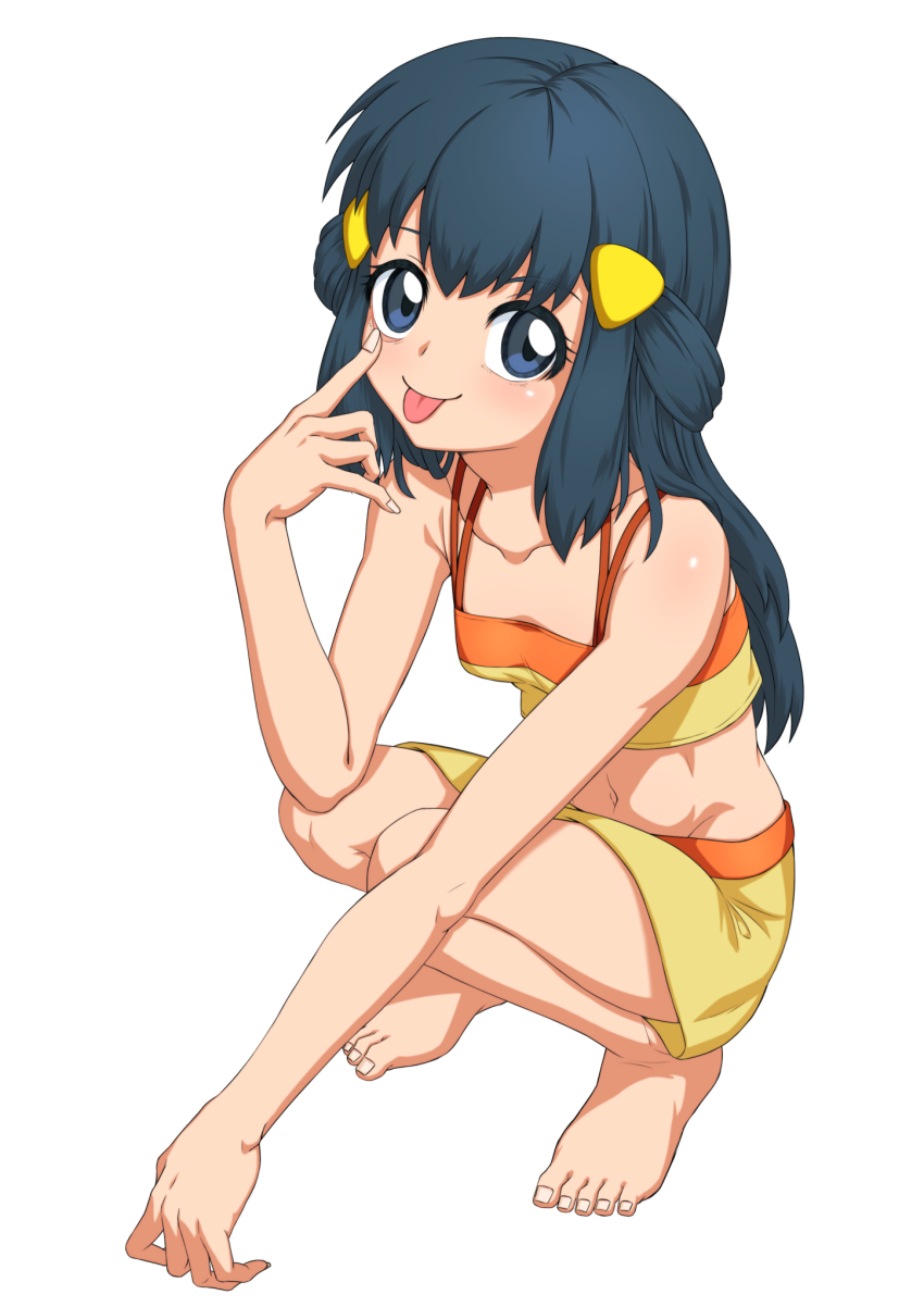 1girl bad_id bad_pixiv_id barefoot bikini blue_eyes blue_hair blush dawn_(pokemon) feet female_focus fingernails highres kidoairaku1204 loli long_hair looking_at_viewer matching_hair/eyes navel nintendo pokemon pokemon_(anime) pokemon_dp047 pokemon_dppt_(anime) simple_background skirt solo solo_focus swimsuit toenails toes tongue tongue_out white_background