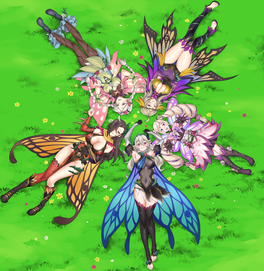 5girls absurdres ahoge black_pantyhose blonde_hair bodystocking boots braid breasts brown_hair circle_formation commentary commission commissioner_upload female_corrin_(fire_emblem) female_corrin_(resplendent)_(fire_emblem) drill_hair elise_(fire_emblem) elise_(resplendent)_(fire_emblem) english_commentary fairy fairy_wings fire_emblem fire_emblem_fates fire_emblem_heroes flower grey_hair hair_flower hair_ornament hair_over_one_eye hairband highres igni_tion kagero_(fire_emblem) kagero_(resplendent)_(fire_emblem) large_breasts long_hair low_twin_braids lying medium_breasts multiple_girls nina_(fire_emblem) nina_(resplendent)_(fire_emblem) nintendo official_alternate_costume on_back on_grass ophelia_(fire_emblem) ophelia_(resplendent)_(fire_emblem) pantyhose parted_bangs sidelocks twin_braids twin_drills wings