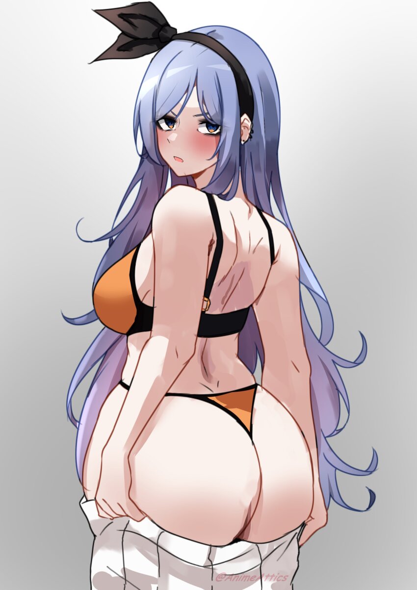 1girl absurdres animeattics ass ass_focus bae_minah_(chaesu) bikini black_hairband blue_hair blush borrowed_character bow_hairband breasts commentary curvy english_commentary from_behind hairband highres huge_ass inconvenient_ass large_breasts long_hair looking_back orange_bikini original pleated_skirt pulling_own_clothes skirt solo standing swimsuit thong_bikini wardrobe_malfunction white_skirt