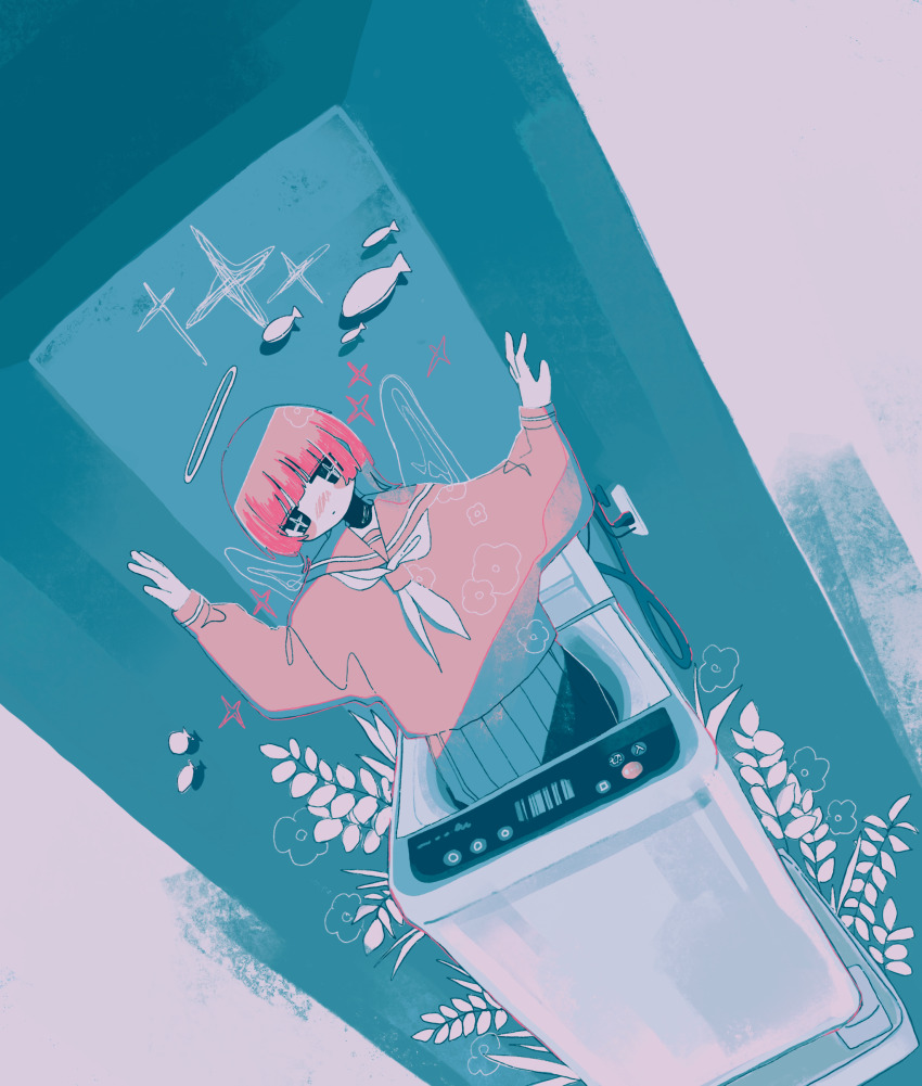 +_+ 1girl absurdres angel angel_wings blunt_bangs blush closed_mouth commentary dutch_angle fish halo hands_up highres jitome limited_palette long_sleeves looking_at_viewer medium_hair neckerchief nose_blush original pink_hair pink_shirt plant pleated_skirt sailor_collar sailor_shirt school_uniform serafuku shirt skirt sleeves_past_wrists solo sparkle sskitaco standing top-load_washing_machine washing_machine white_neckerchief wings